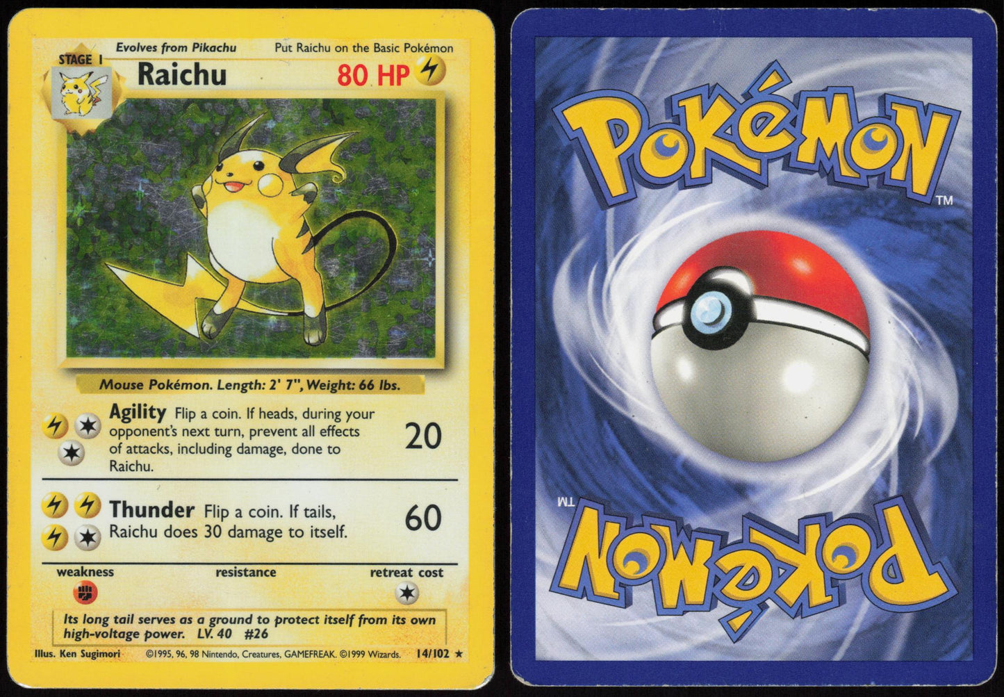 RAICHU 14/102 BASE SET UNLIMITED POKEMON HOLO RARE HP