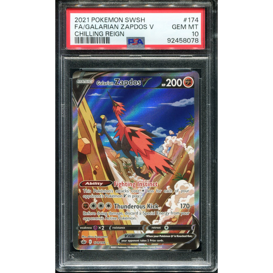 POKEMON TCG - GALARIAN ZAPDOS V 174/198 POKEMON PSA 10 CHILLING REIGN ALTERNATE ART