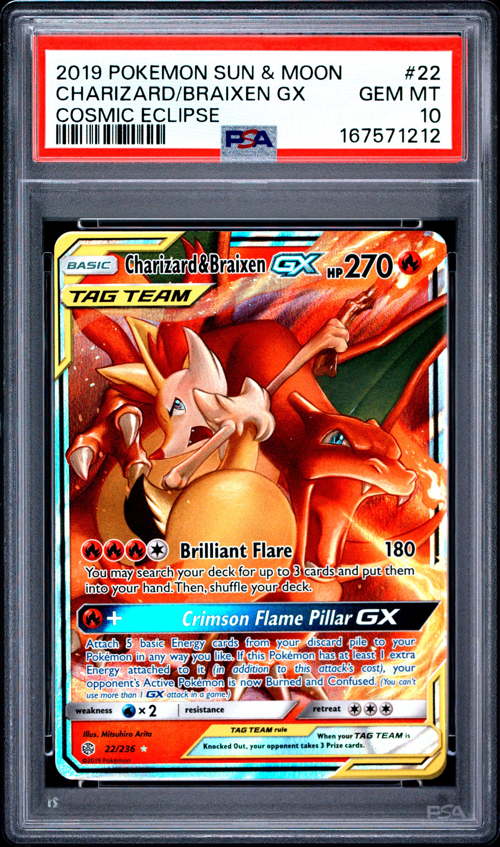 POKEMON TCG - CHARIZARD & BRAIXEN GX 22/236 PSA 10 COSMIC ECLIPSE POKEMON
