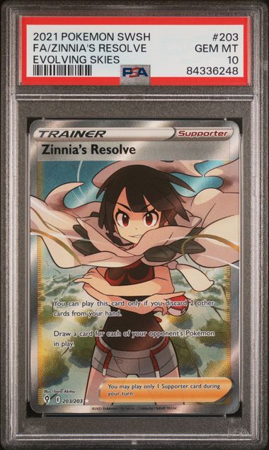 POKEMON TCG - ZINNIA'S RESOLVE 203/203 PSA 10 EVOLVING SKIES FULL ART