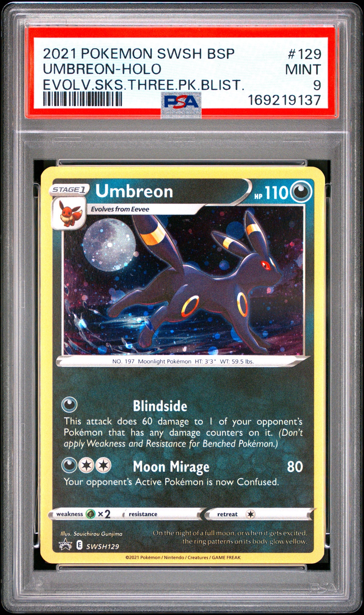 UMBREON HOLO 129/203 PSA 9 EVOLVING SKIES THREE PACK BLISTERS POKEMON