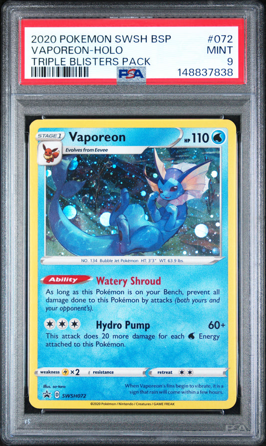 VAPOREON HOLO 072 PSA 9 TRIPLE BLISTERS PACK SWSH BLACK STAR PROMO POKEMON