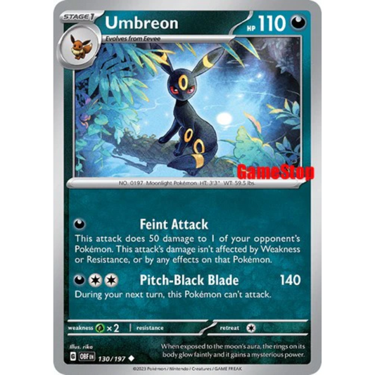 POKEMON TCG - UMBREON GAMESTOP STAMP 130/197 OBSIDIAN FLAMES REVERSE HOLO
