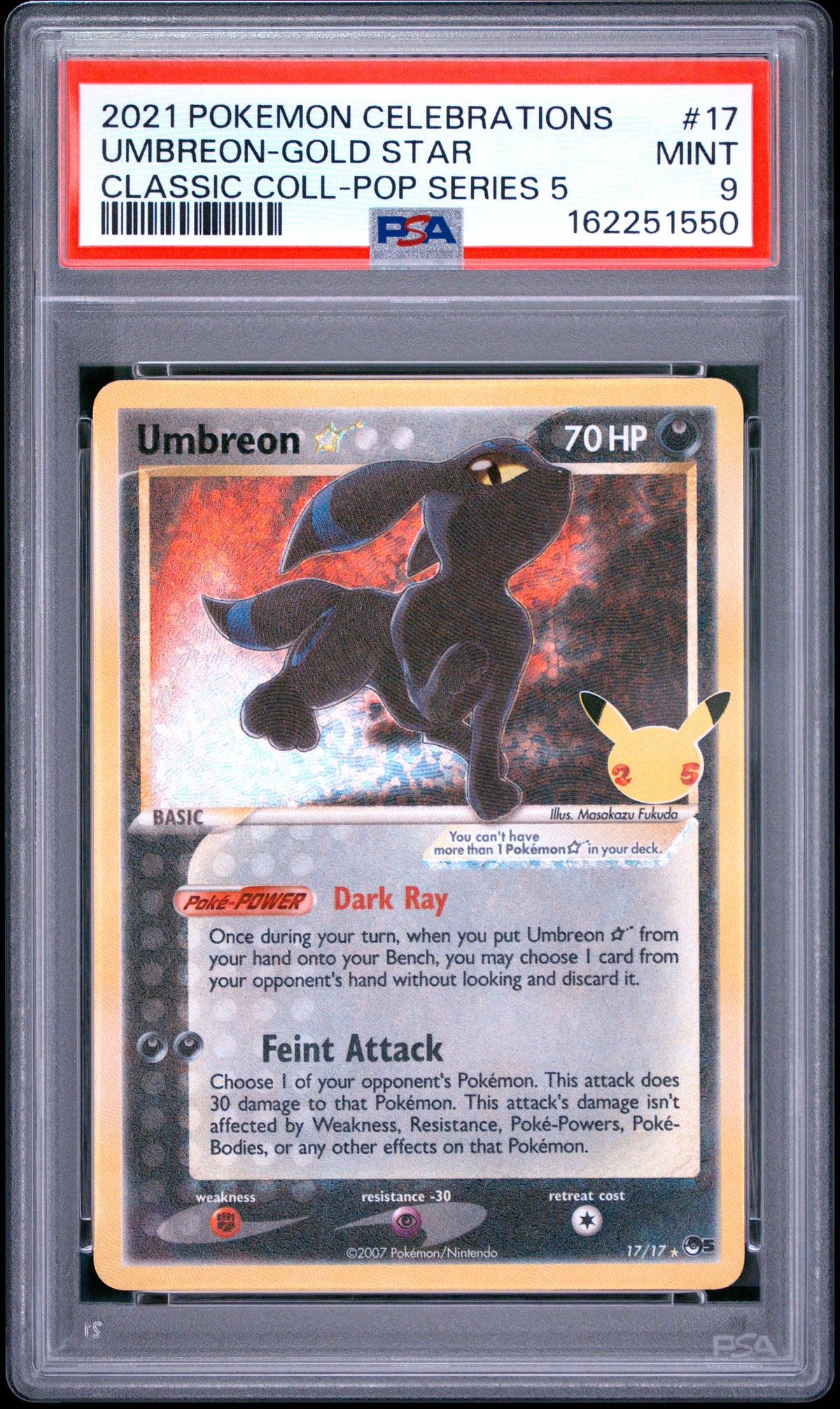 UMBREON-GOLD STAR 17 PSA 9 CELEBRATIONS CLASSIC COLLECTION POKEMON