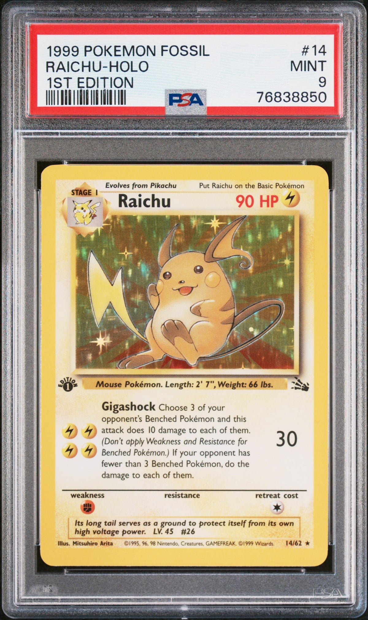 RAICHU HOLO 14/62 PSA 9 1ST EDITION FOSSIL POKEMON