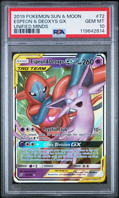 POKEMON TCG - ESPEON & DEOXYS GX 72/236 PSA 10 UNIFIED MINDS ULTRA RARE