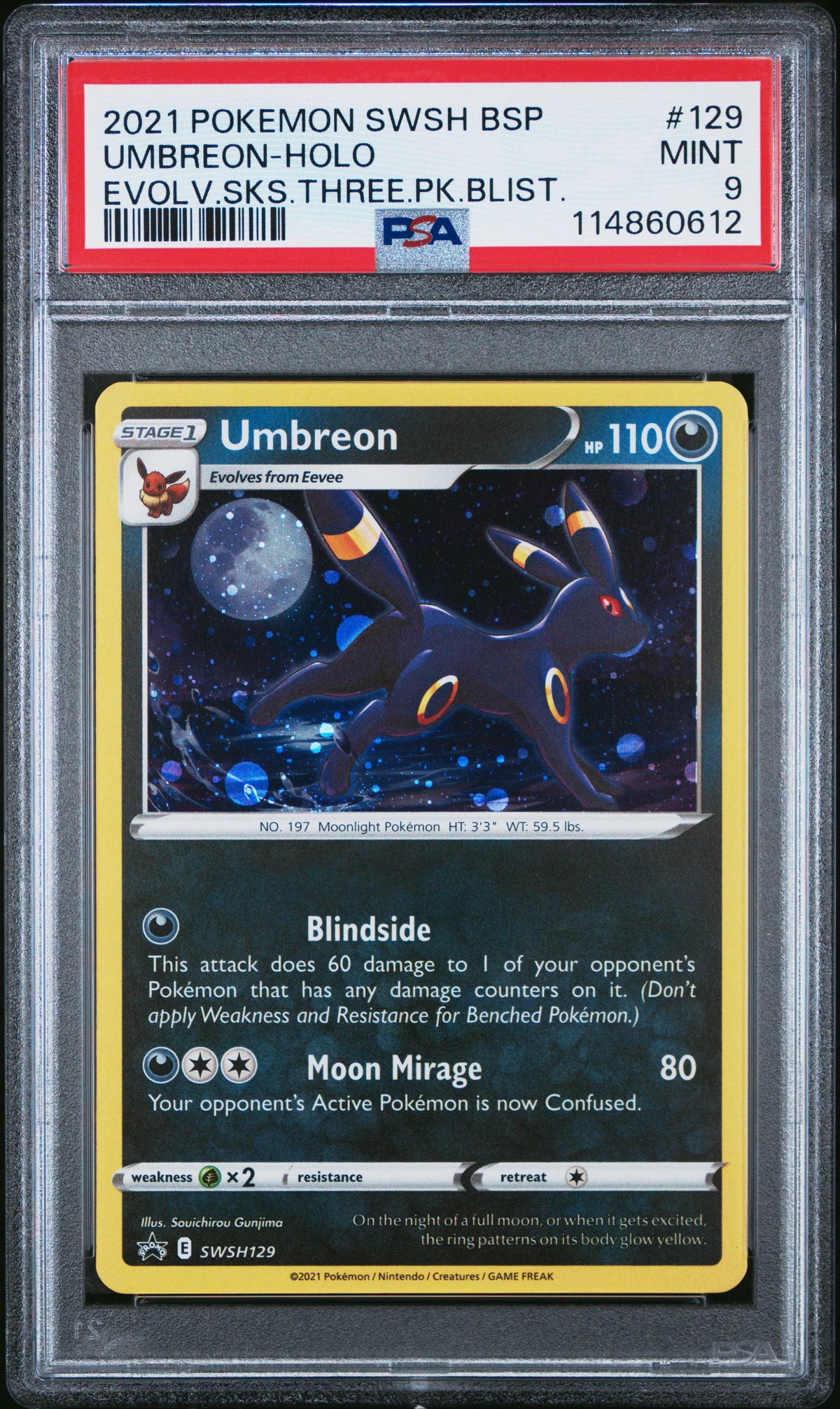 UMBREON HOLO 129/203 PSA 9 EVOLVING SKIES THREE PACK BLISTERS POKEMON