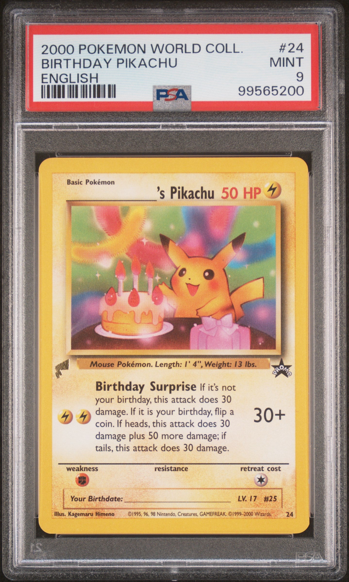 BIRTHDAY PIKACHU 24 PSA 9 ENGLISH PIKACHU WORLD COLLECTION POKEMON