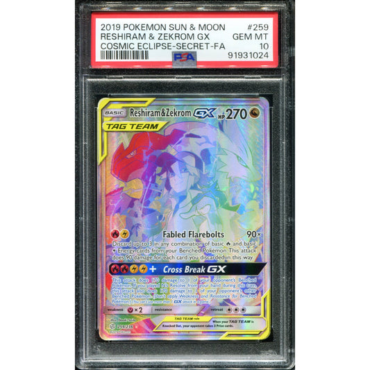 POKEMON TCG - RESHIRAM & ZEKROM GX 259/236 PSA 10 COSMIC ECLIPSE RAINBOW RARE