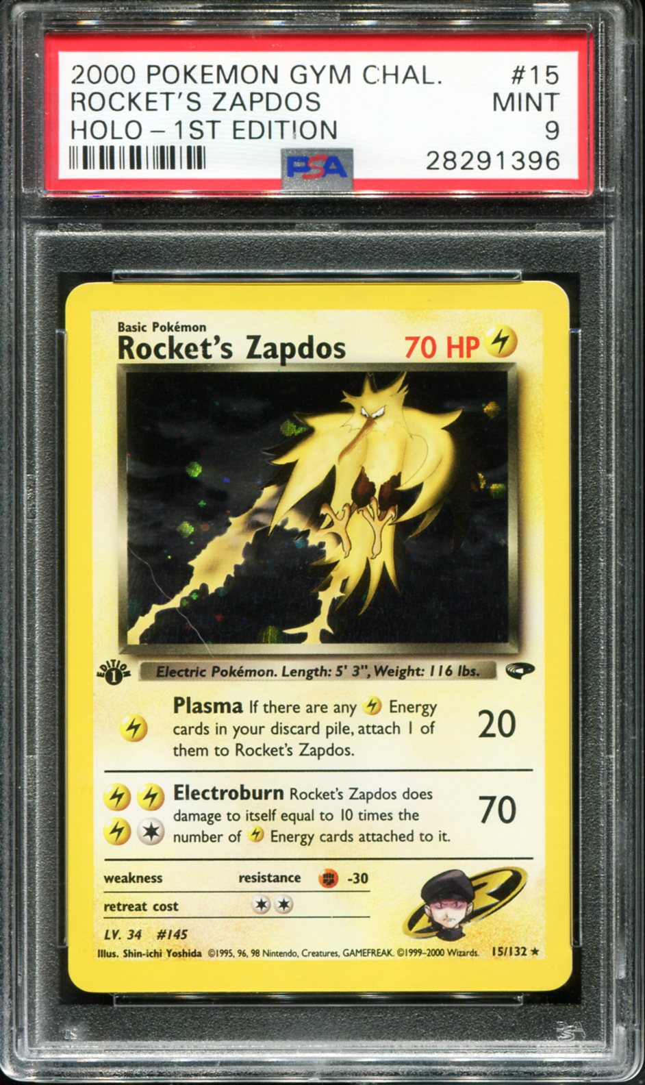 POKEMON TCG - ROCKET'S ZAPDOS 15/132 POKEMON PSA 9 FIRST EDITION GYM CHALLENGE HOLO