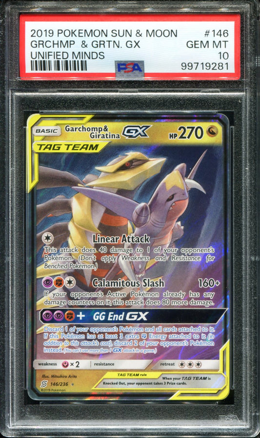 POKEMON TCG - GARCHOMP & GIRATINA GX 146/236 POKEMON PSA 10 UNIFIED MINDS ULTRA RARE