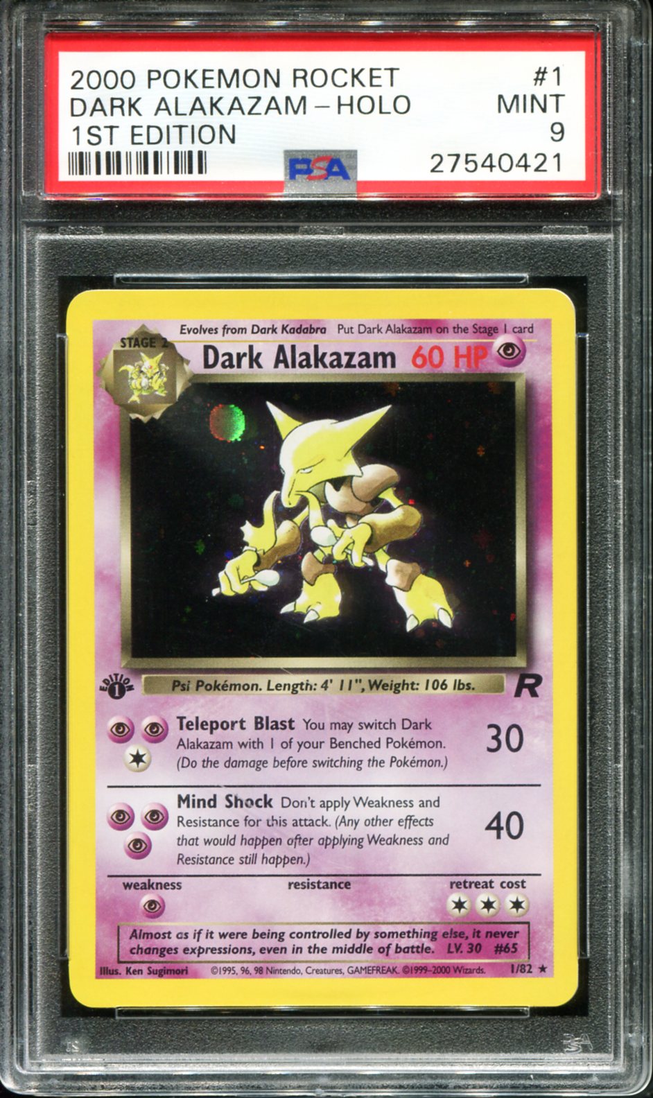 POKEMON TCG - DARK ALAKAZAM 1/82 POKEMON PSA 9 FIRST EDITION ROCKET HOLO RARE