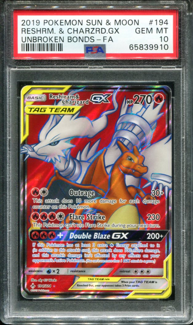 POKEMON TCG - RESHIRAM & CHARIZARD GX 194/214 PSA 10 UNBROKEN BONDS FULL ART