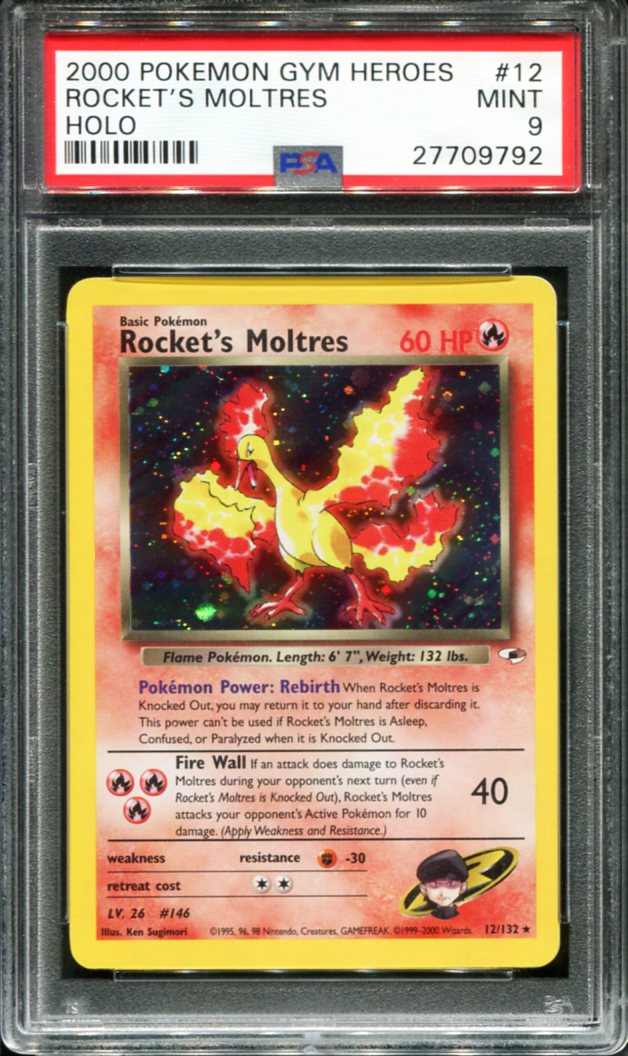 POKEMON TCG - ROCKET’S MOLTRES 12/132 PSA 9 GYM HEROES HOLO
