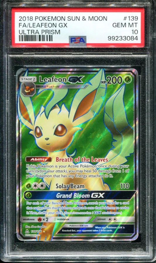 POKEMON TCG - LEAFEON GX 139/156 PSA 10 ULTRA PRISM FULL ART