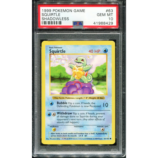 POKEMON TCG - SQUIRTLE 63/102 POKEMON PSA 10 BASE SET SHADOWLESS