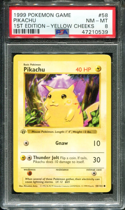 POKEMON TCG - PIKACHU 58/102 PSA 8 FIRST EDITION YELLOW CHEEKS