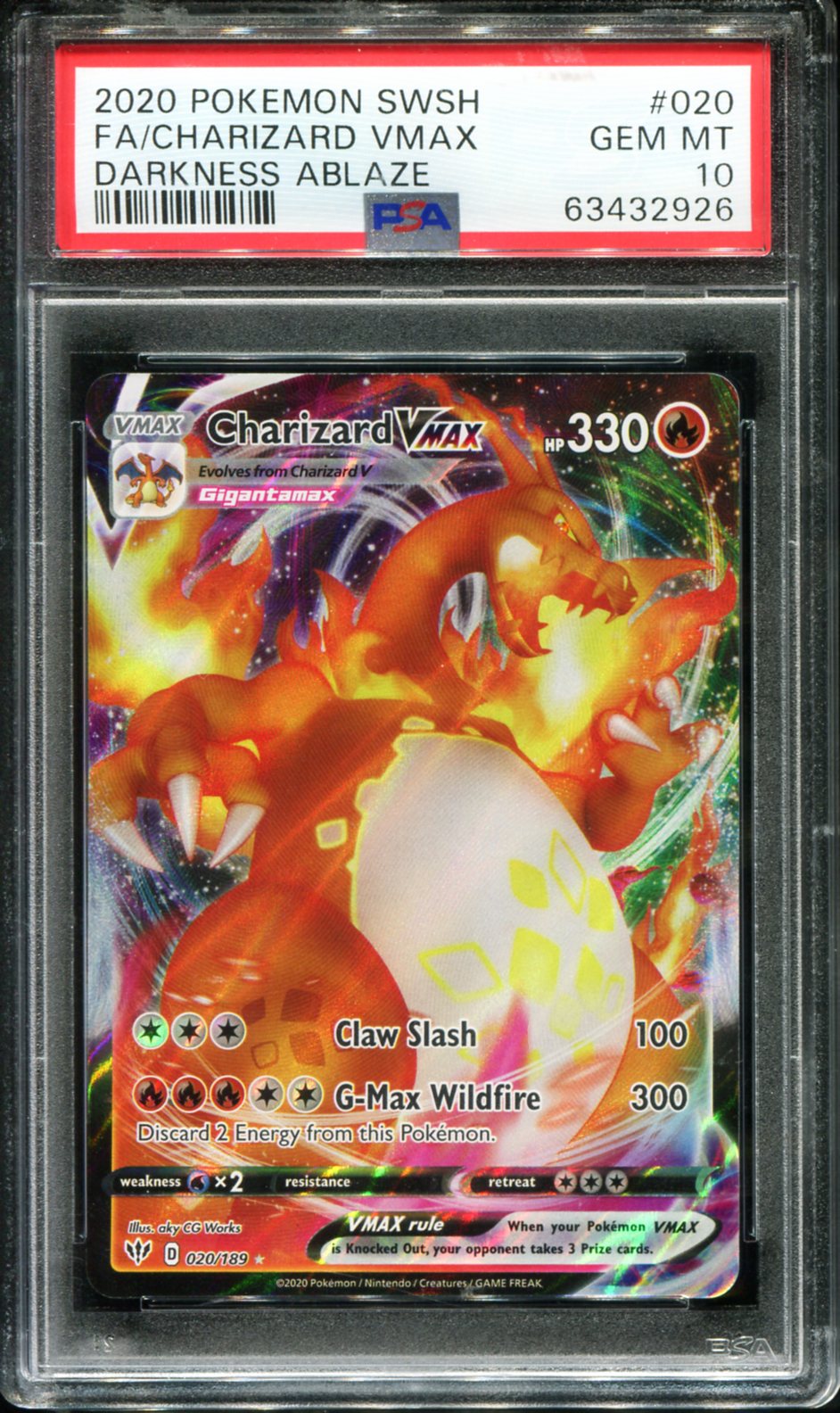 POKEMON TCG - CHARIZARD VMAX 020/189 PSA 10 DARKNESS ABLAZE FULL ART