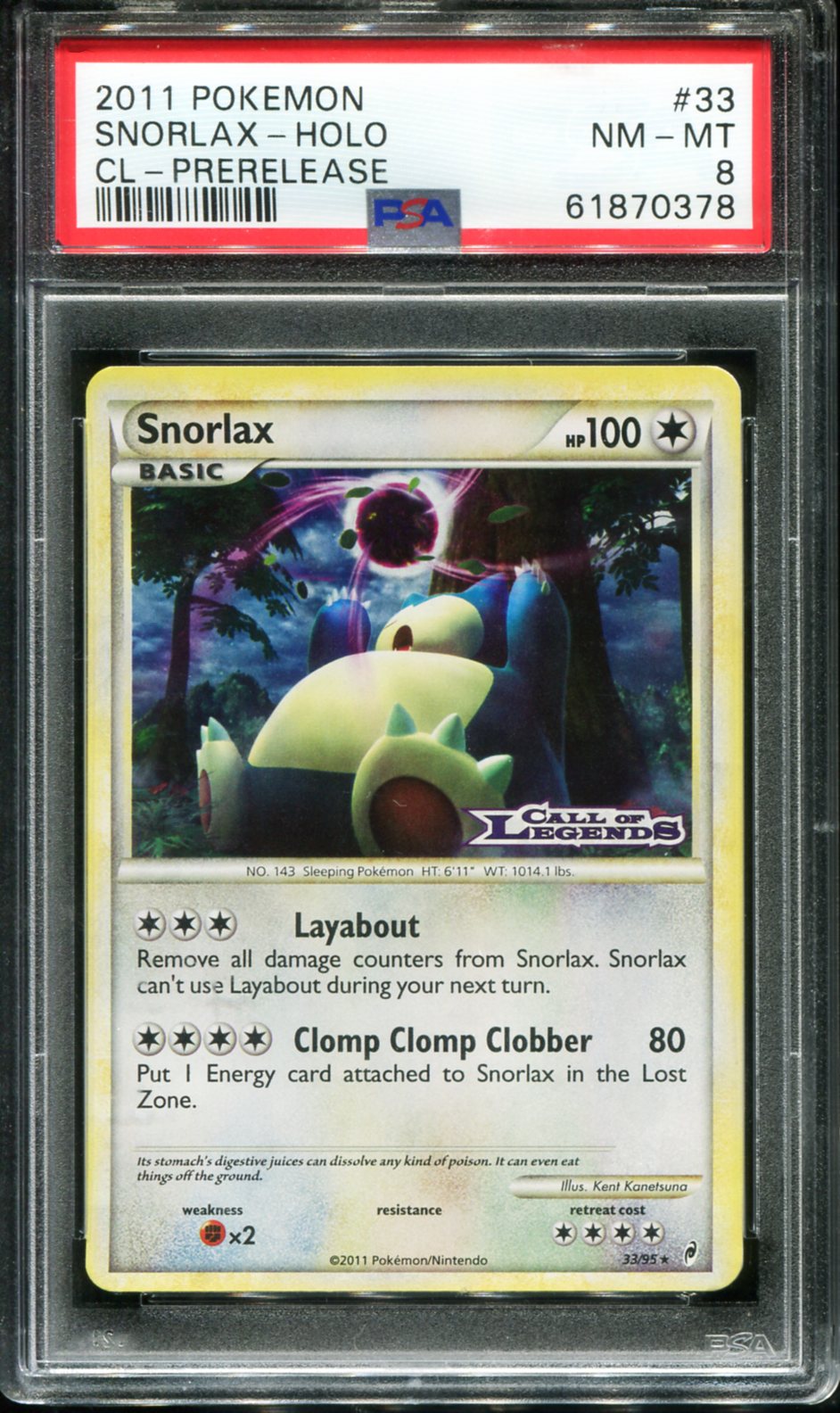 POKEMON TCG - SNORLAX 33/95 POKEMON PSA 8 PRERELEASE CALL OF LEGENDS
