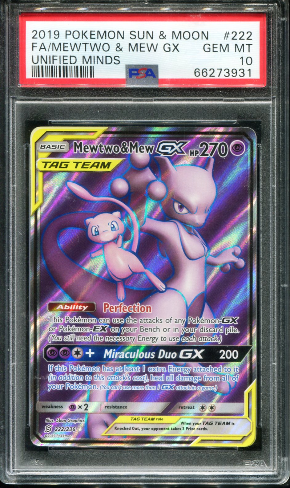POKEMON TCG - MEWTWO & MEW GX 222/236 PSA 10 UNIFIED MINDS POKEMON