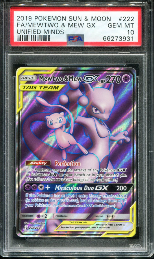 POKEMON TCG - MEWTWO & MEW GX 222/236 PSA 10 UNIFIED MINDS POKEMON