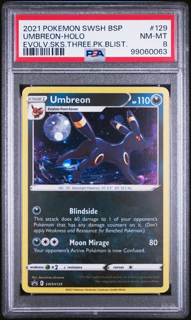 POKEMON TCG - UMBREON SWSH129 PSA 8 EVOLVING SKIES 3 PACK BLISTER