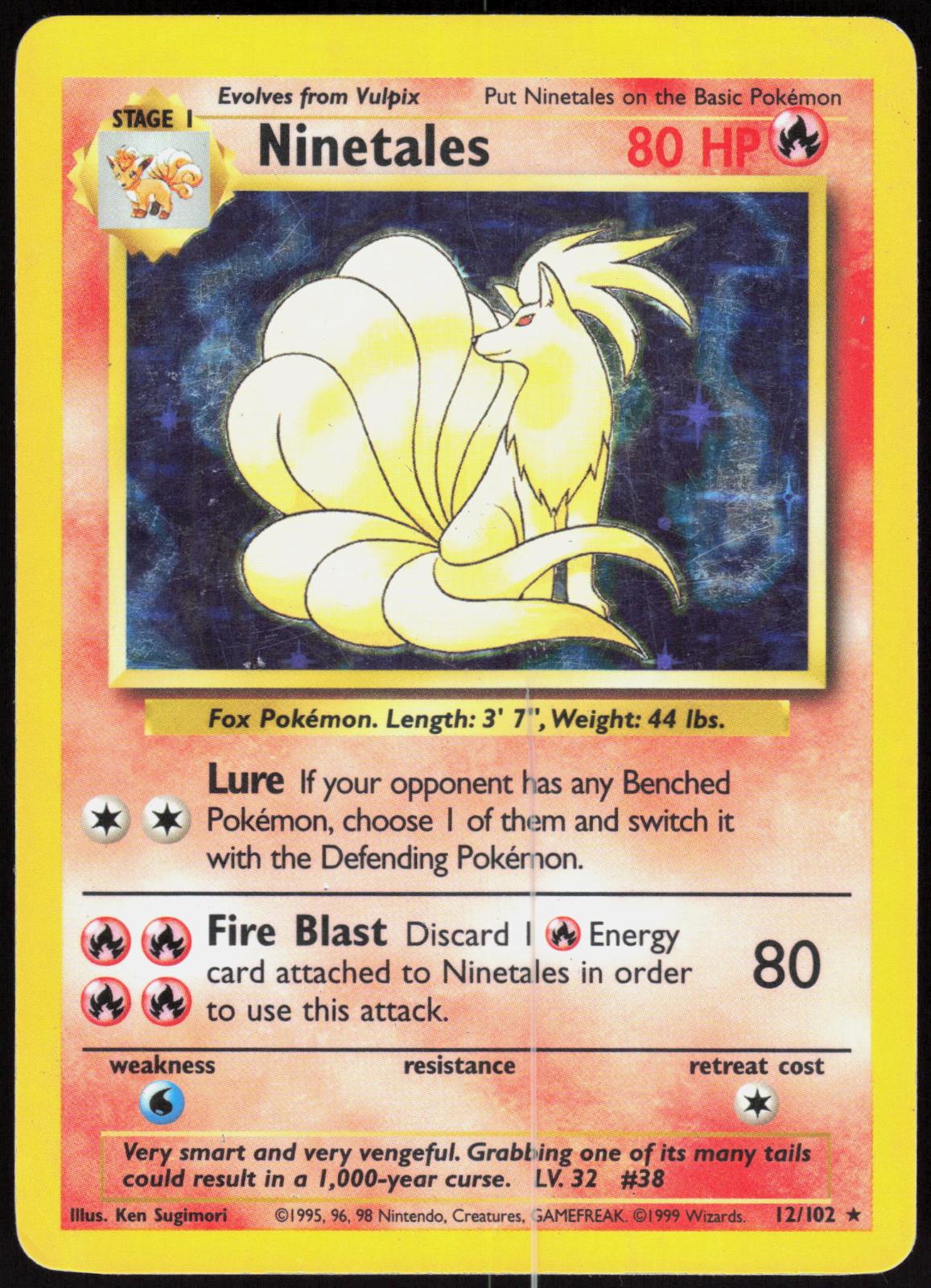 NINETALES 12/102 BASE SET UNLIMITED POKEMON HOLO RARE MP