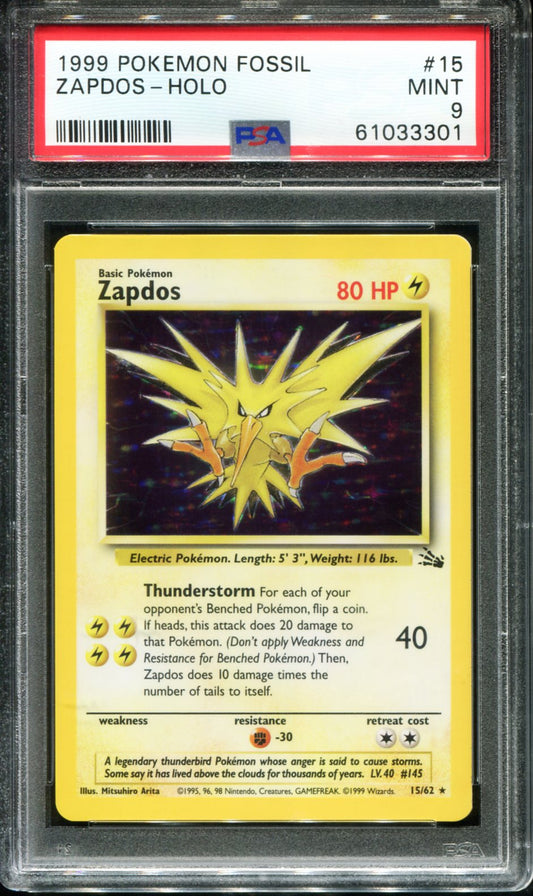 ZAPDOS HOLO 15/62 PSA 9 FOSSIL POKEMON