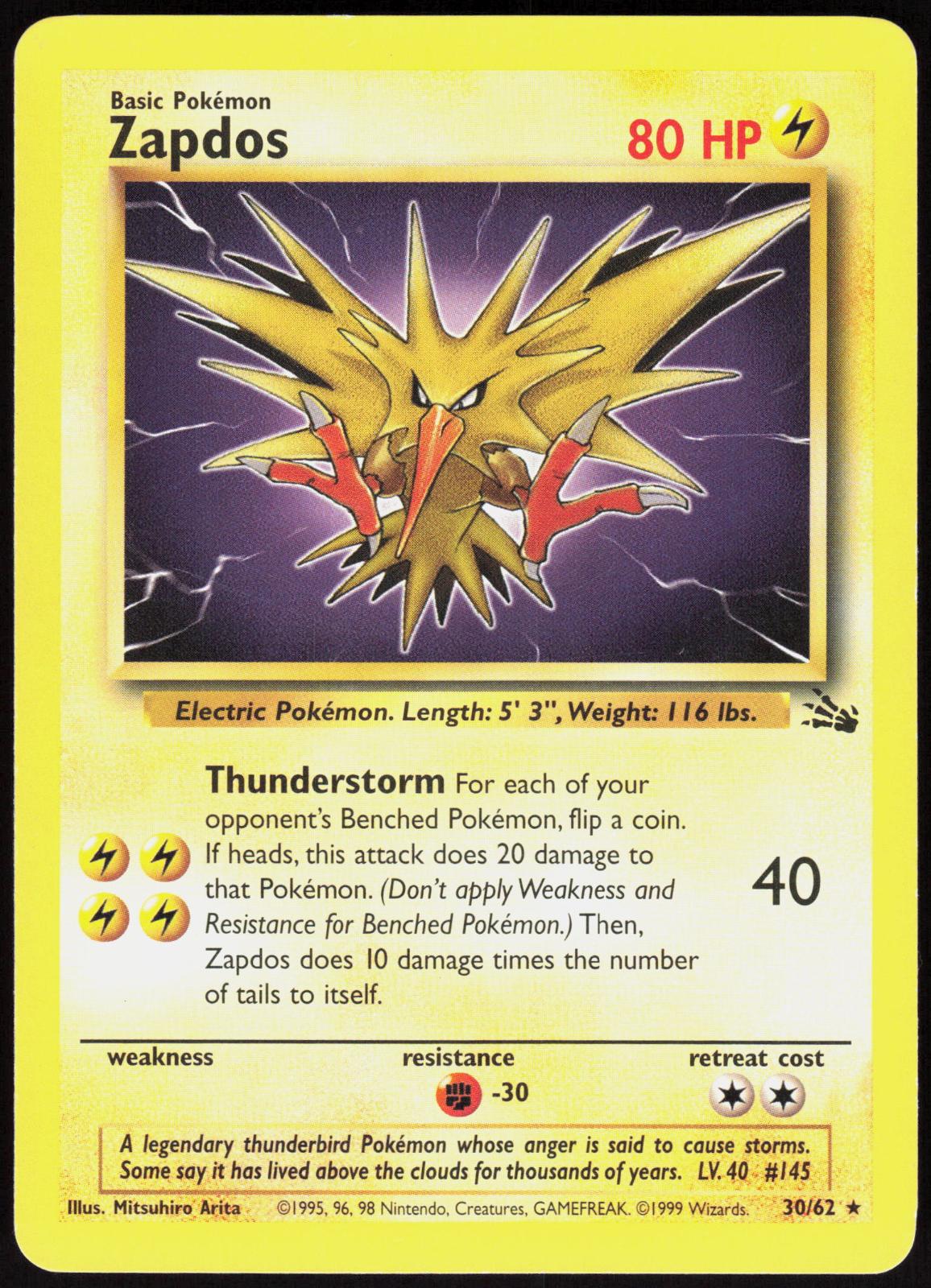 ZAPDOS 30/62 FOSSIL POKEMON RARE UNLIMITED LP