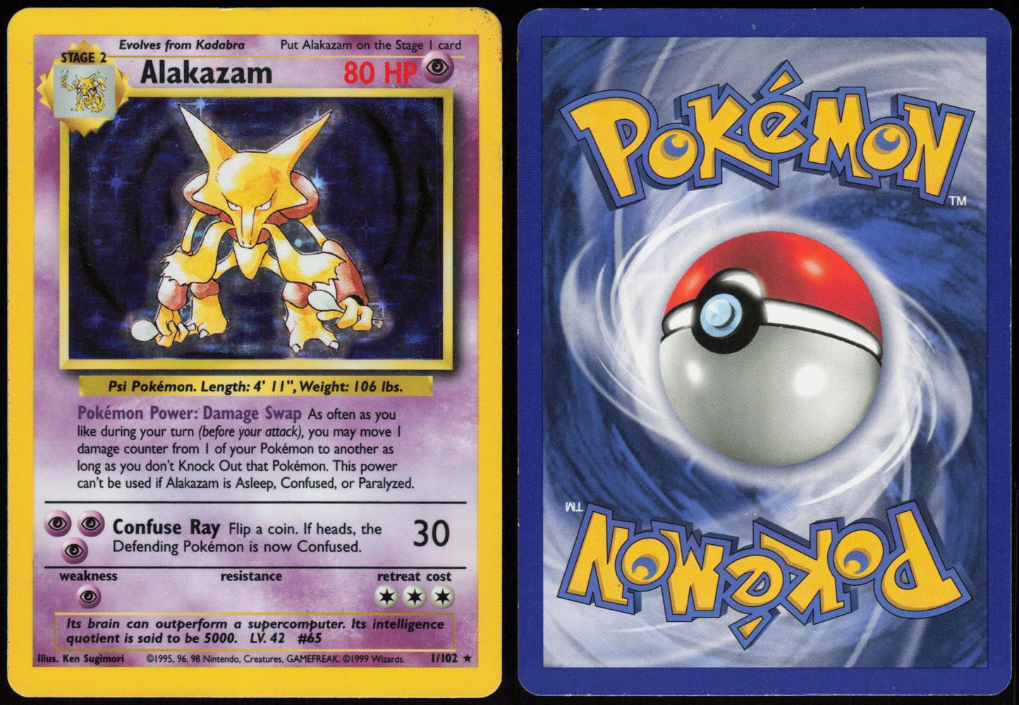 ALAKAZAM 1/102 BASE SET UNLIMITED POKEMON HOLO RARE MP