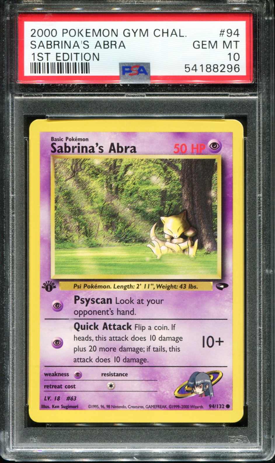 SABRINA'S ABRA 94/132 PSA 10 1ST EDITION GYM CHALLENGE POKEMON