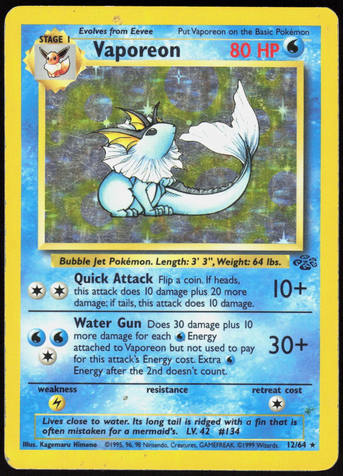 VAPOREON 12/64 JUNGLE POKEMON RARE UNLIMITED HOLO MP
