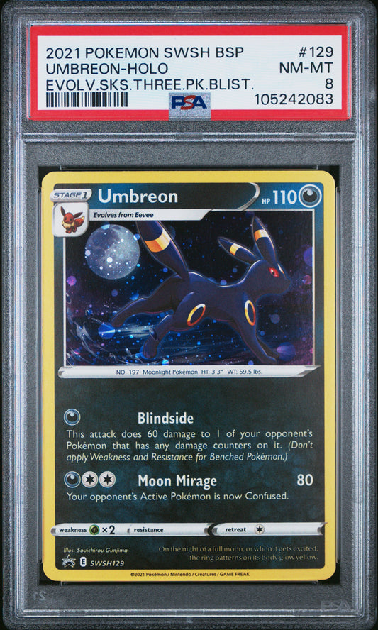 UMBREON HOLO 129/203 PSA 8 EVOLVING SKIES THREE PACK BLISTERS POKEMON