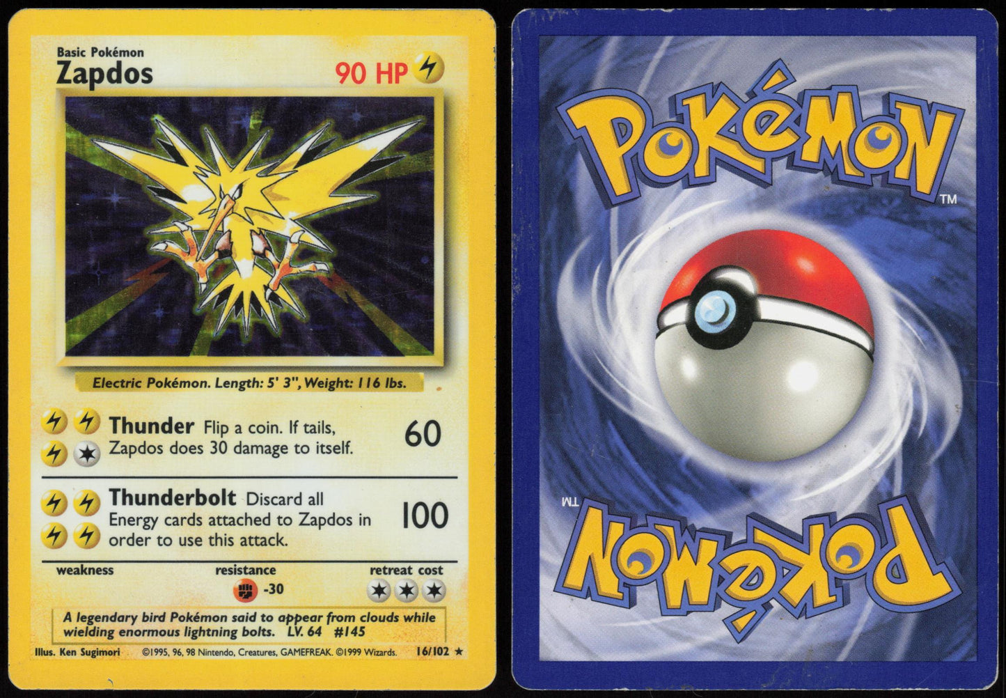 ZAPDOS 16/102 BASE SET UNLIMITED POKEMON HOLO RARE HP