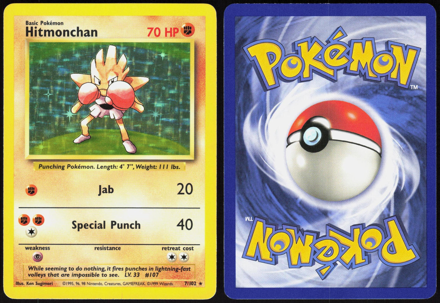 HITMONCHAN 7/102 BASE SET UNLIMITED POKEMON HOLO RARE LP