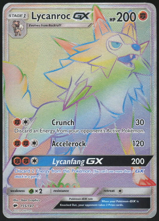 LYCANROC GX 155/147 BURNING SHADOWS POKEMON RAINBOW RARE HOLO LP
