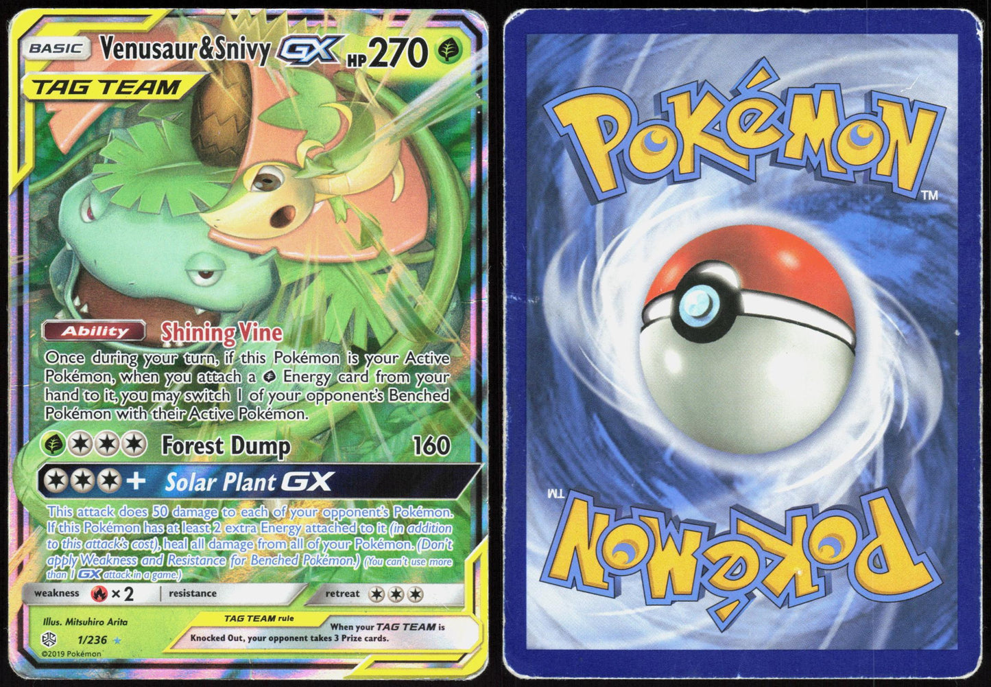 VENUSAUR & SNIVY GX 1/236 COSMIC ECLIPSE POKEMON GX RARE HOLO HP
