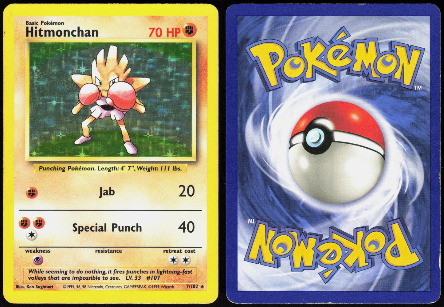 HITMONCHAN 7/102 BASE SET UNLIMITED POKEMON HOLO RARE MP