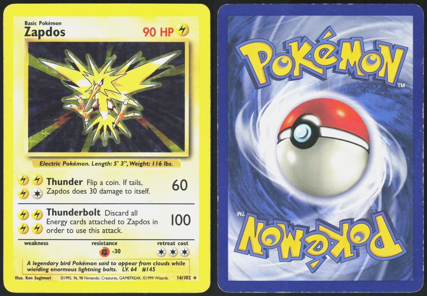 ZAPDOS 16/102 BASE SET UNLIMITED POKEMON HOLO RARE HP
