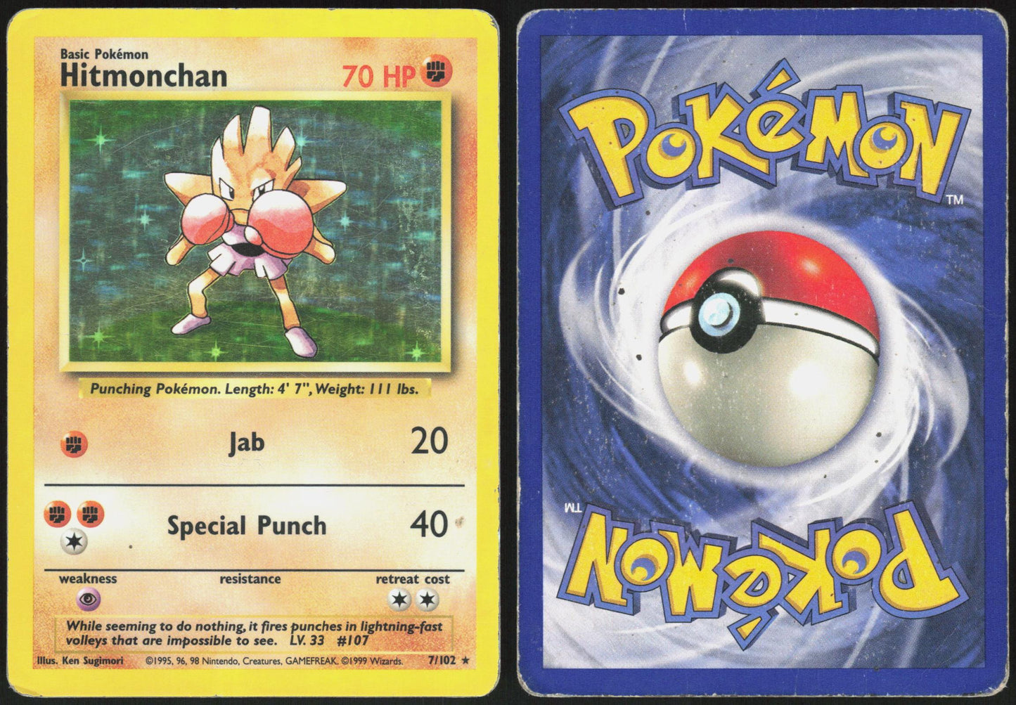 HITMONCHAN 7/102 BASE SET UNLIMITED POKEMON HOLO RARE HP