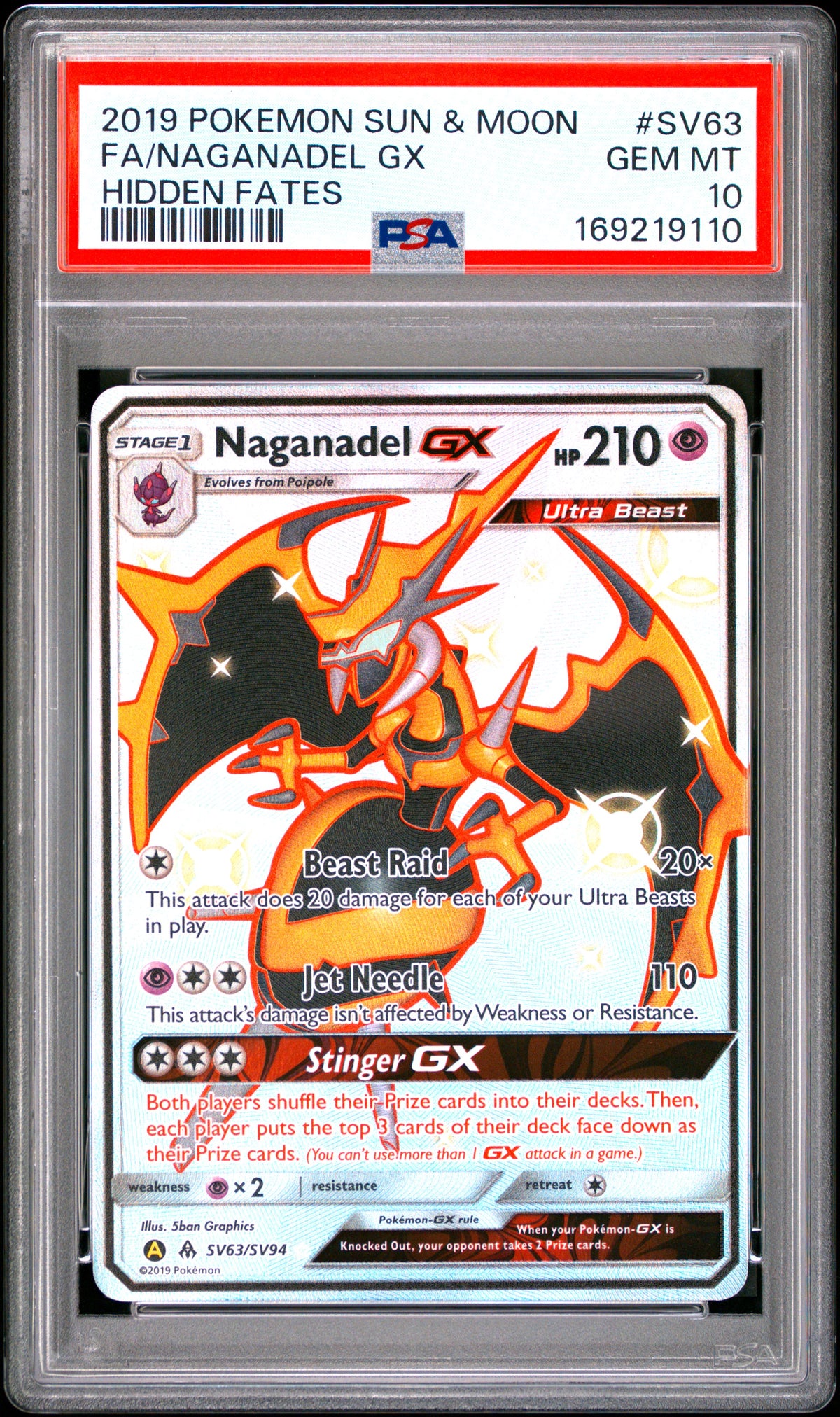 NAGANADEL GX SV63/SV94 PSA 10 HIDDEN FATES POKEMON