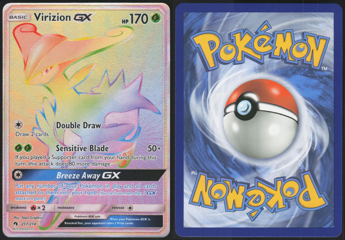 VIRIZION GX 217/214 LOST THUNDER POKEMON RAINBOW RARE HOLO LP