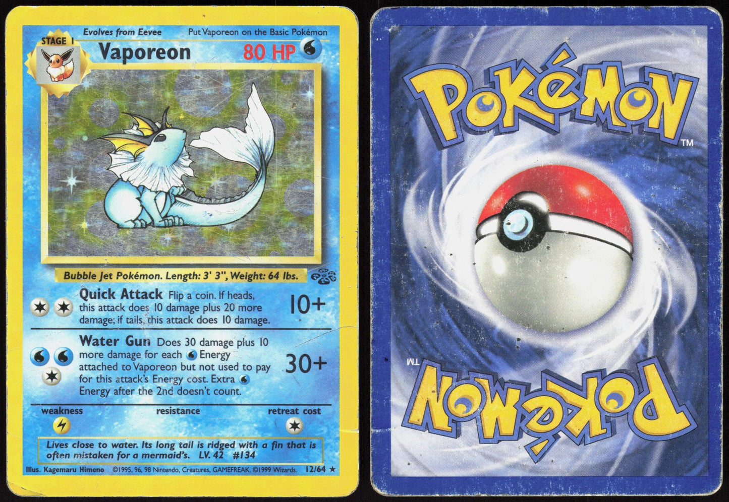 VAPOREON 12/64 JUNGLE POKEMON RARE UNLIMITED HOLO HP