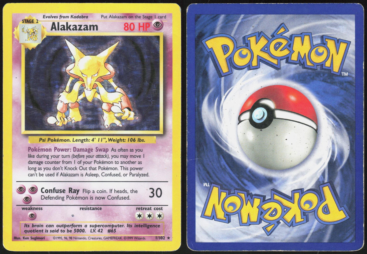 ALAKAZAM 1/102 BASE SET UNLIMITED POKEMON HOLO RARE HP