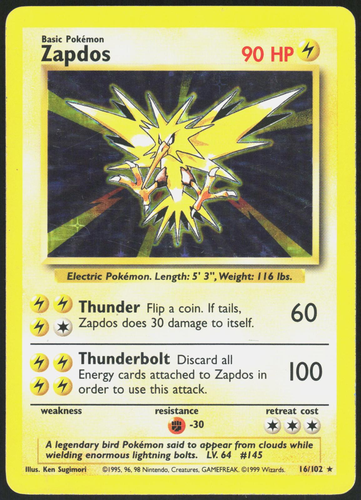 ZAPDOS 16/102 BASE SET UNLIMITED POKEMON HOLO RARE HP