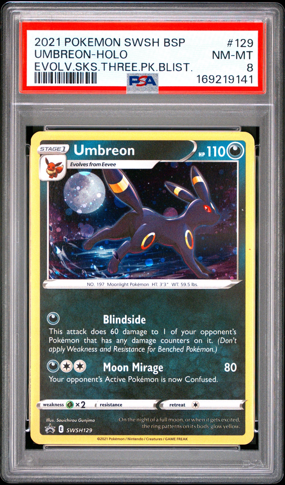 UMBREON HOLO 129/203 PSA 8 EVOLVING SKIES THREE PACK BLISTERS POKEMON